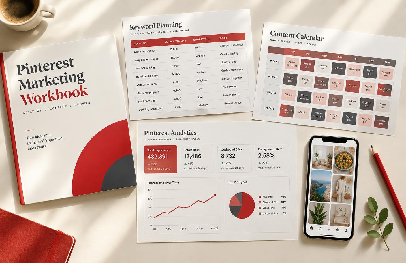 Pinterest marketing workbook, keyword plan, content calendar, and analytics worksheet
